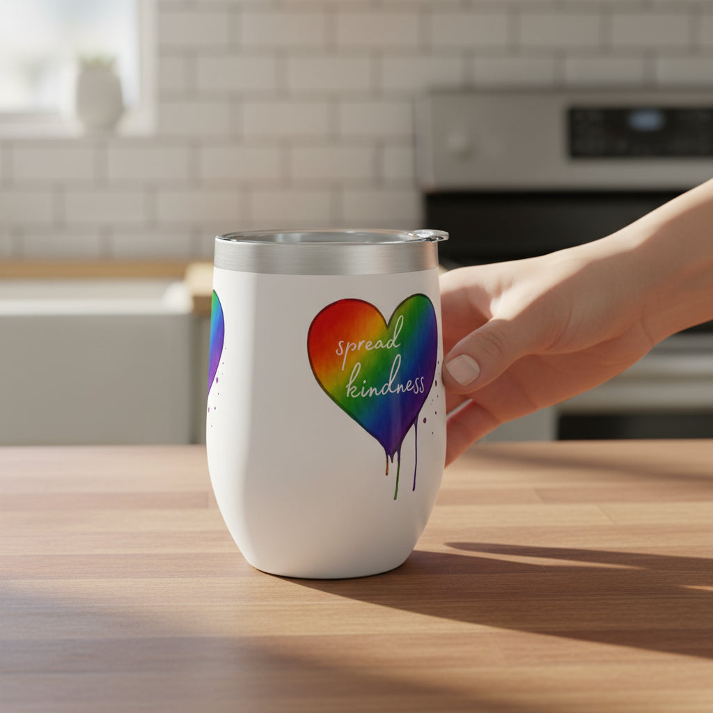 White tumbler with a rainbow heart and 'spread kindness' text on a kitchen counter with a hand grabbing fo it.