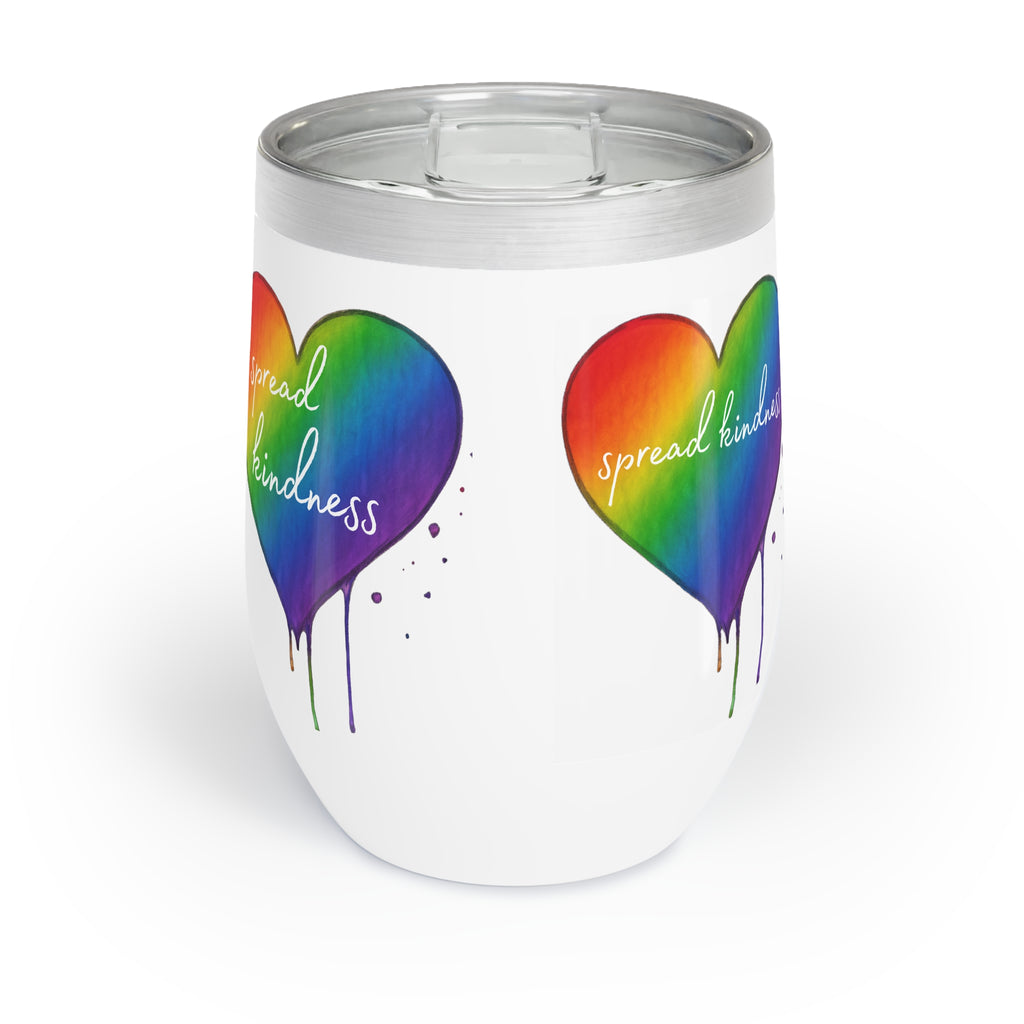 Tumbler with rainbow hearts and 'spread kindness' text on a white background