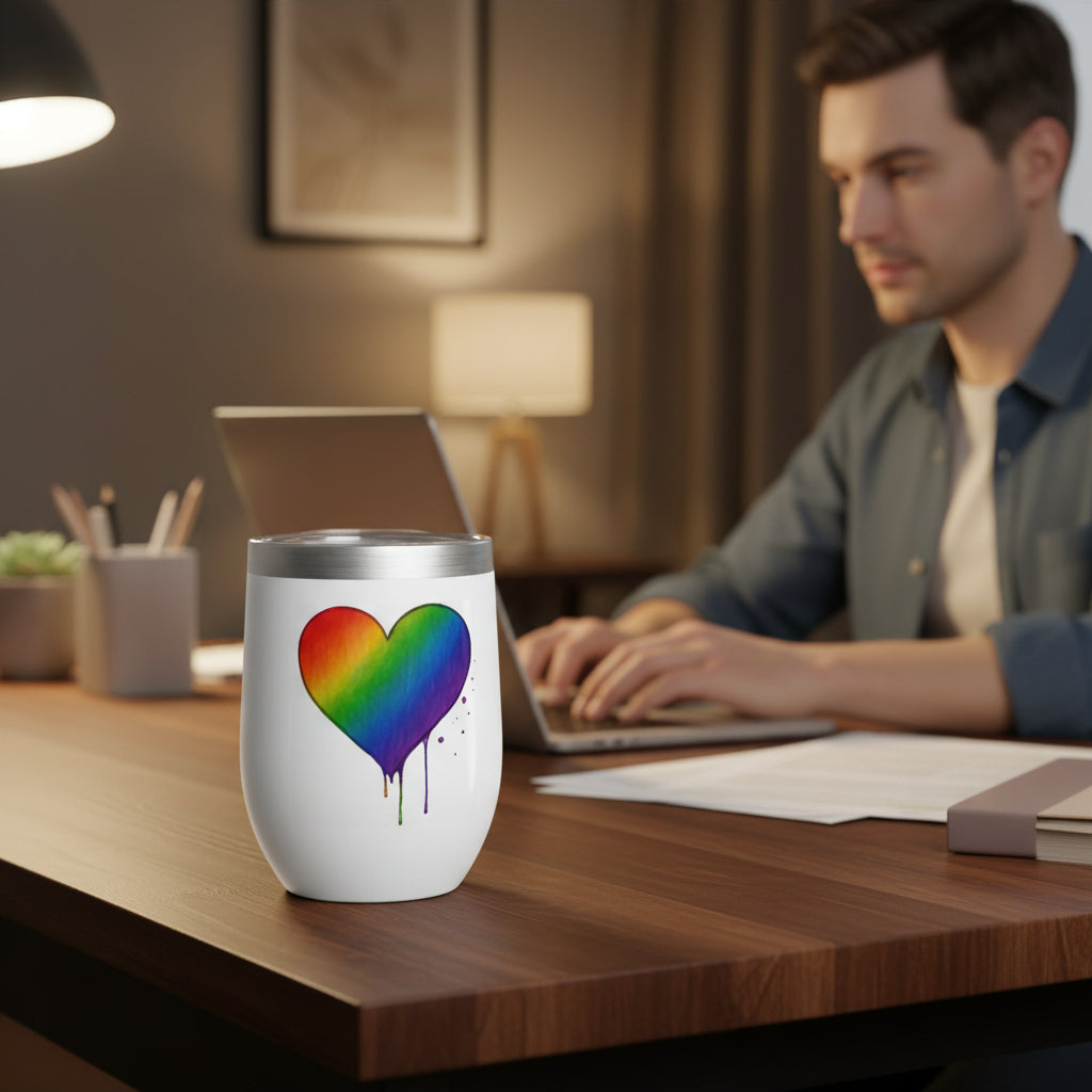 Tumbler with a rainbow heart design on a home office desk with a person working on lapton