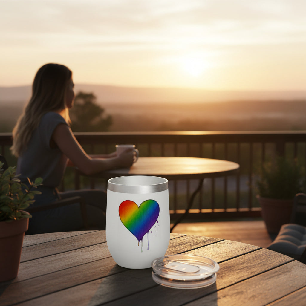White Tumbler with Red heart design on a patio table with a woman on the background watching the sun rise