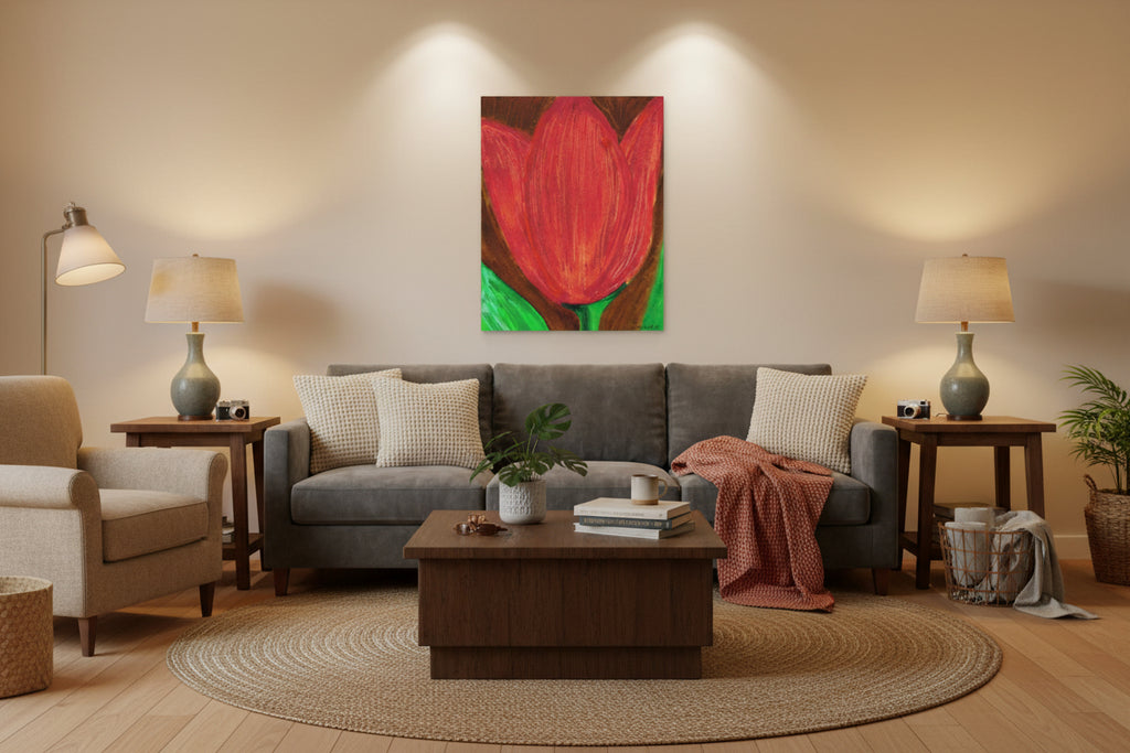 Painting of a red tulip with a brown background