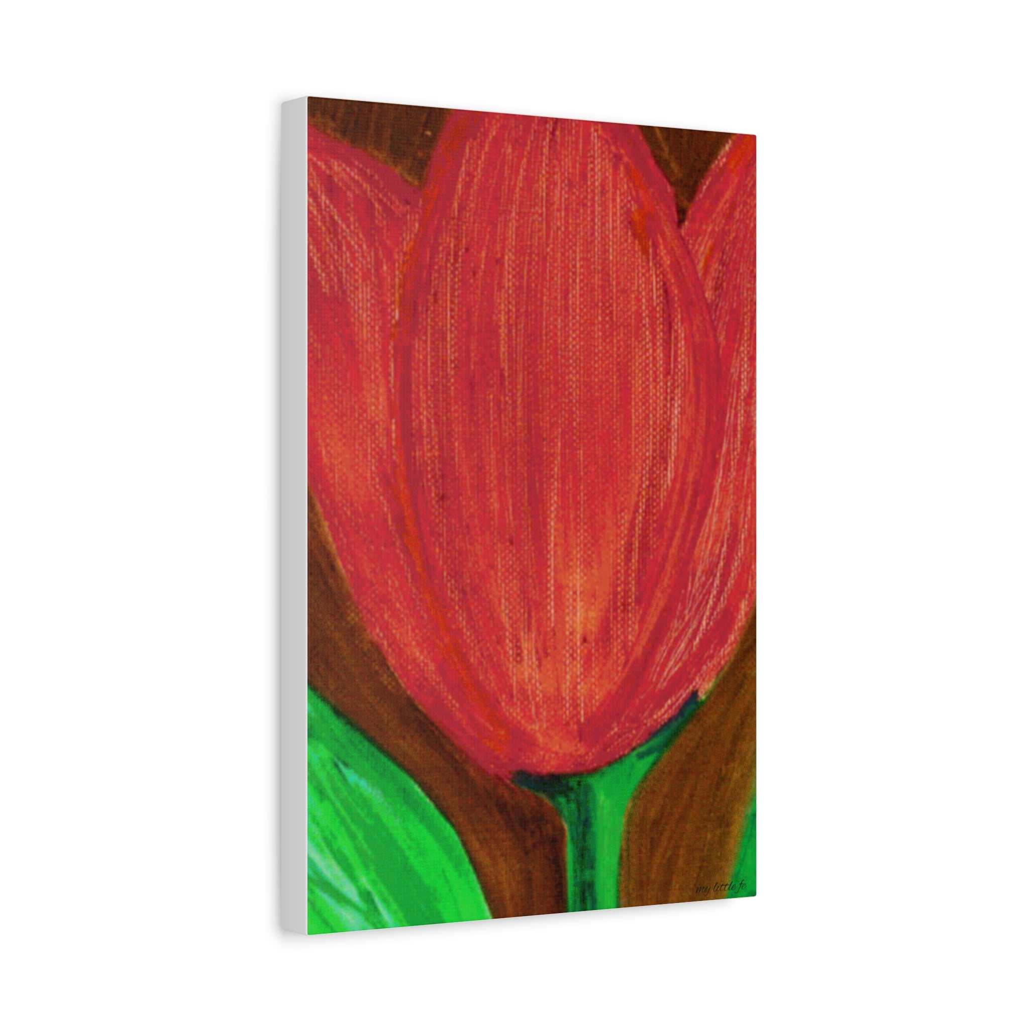 Painting of a red tulip with a green stem on a white background