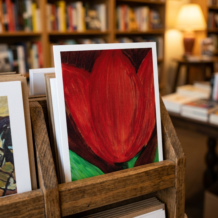 A framed or mounted art print featuring a bold red flower with green leaves, displayed in a wooden bookcase stand inside a bookstore or art shop. Shelves of books and a warm lamp are blurred in the background.