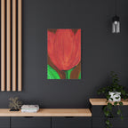 Red tulip painting on a dark wall with wooden shelves and decor.