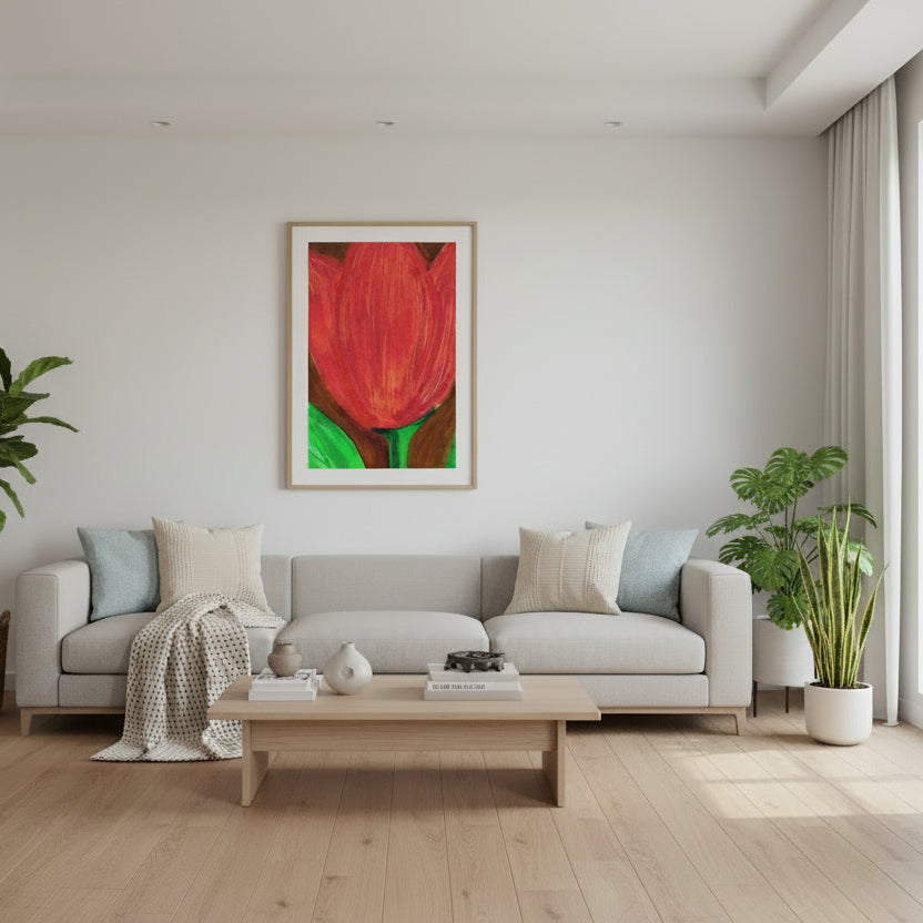 Abstract painting of a red tulip with green leaves on a wall in a living room