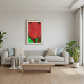 Abstract painting of a red tulip with green leaves on a wall in a living room