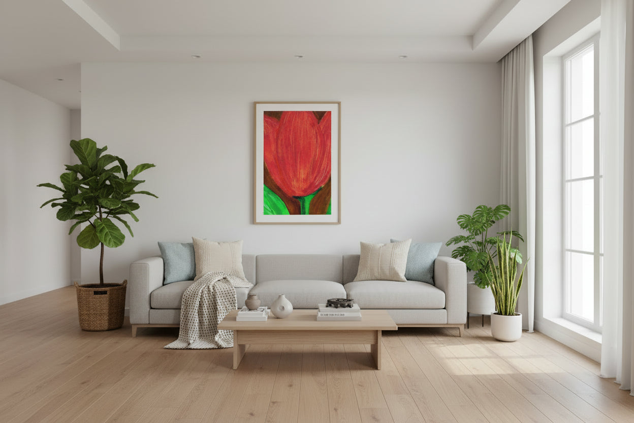 Abstract painting of a red tulip with green leaves on a wall in a living room