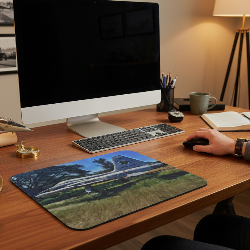 Person using a computer at a desk with a retro plane design