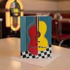 A stylized painting of two guitars split vertically in red and yellow, with the words 'Retro Vibes' across the center, set against a blue background and a black-and-white checkered floor.