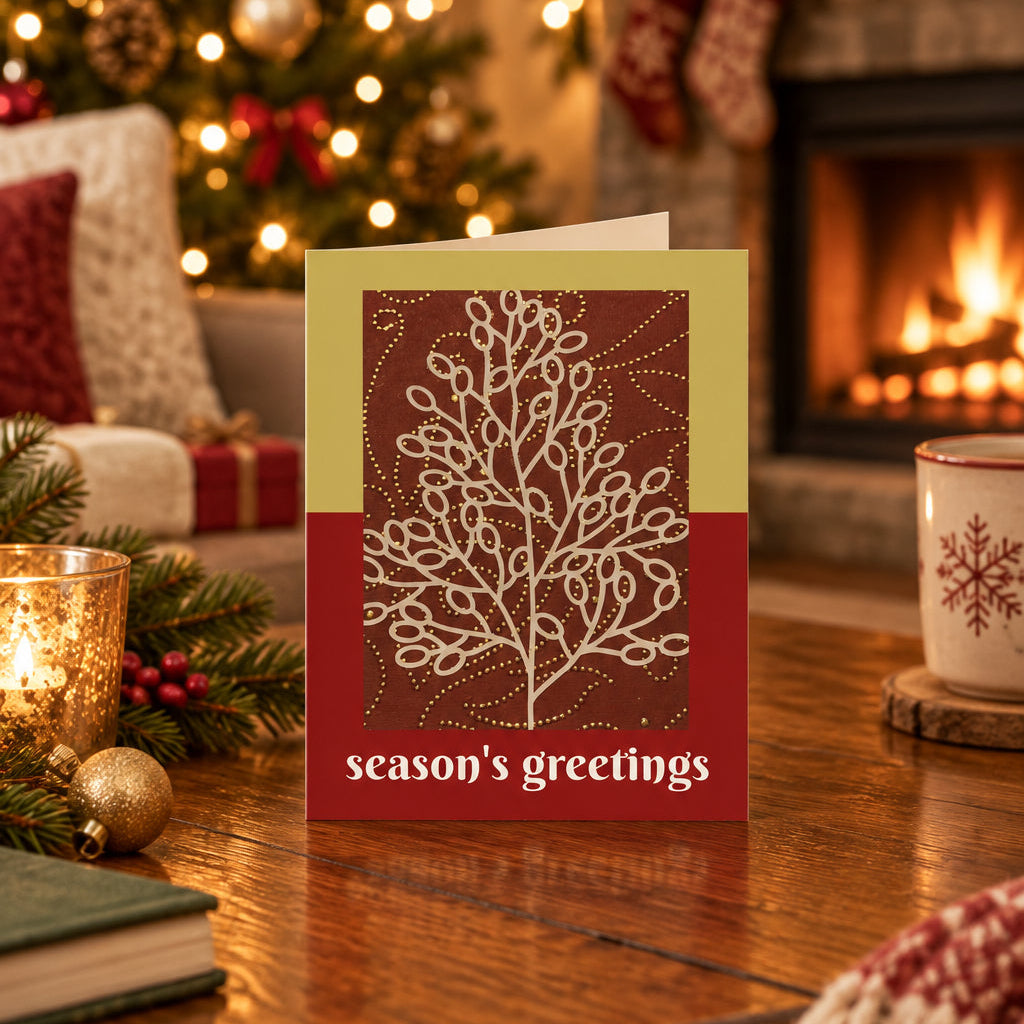 A folded greeting card shown standing upright on a white background. The card has a two-tone design with a muted olive green top section and a deep red bottom section, featuring a central brown panel with a cream-colored coral or leafy branch illustration and the words 'season's greetings' in white at the bottom.