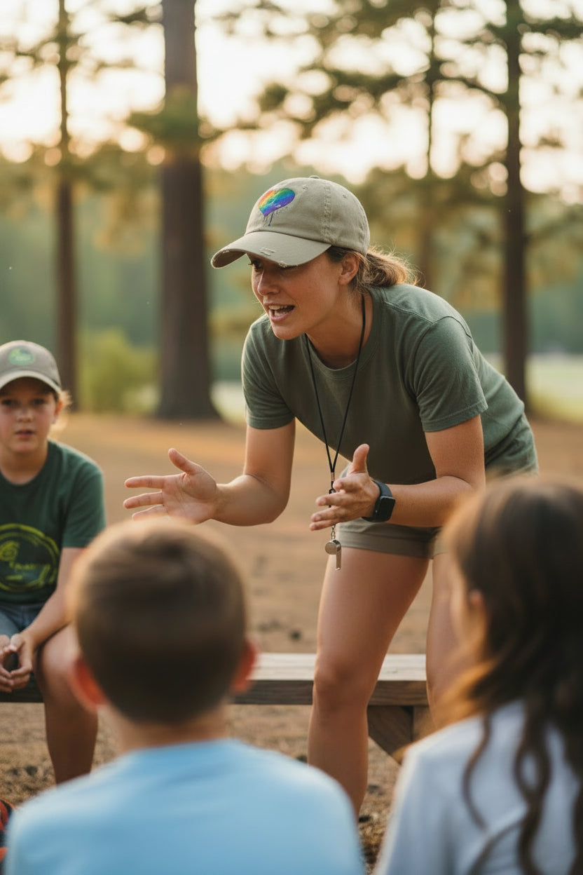 Woman wearing an olive cap with Spread Kindness designed by Bay Area Artist on a campground talking to kids