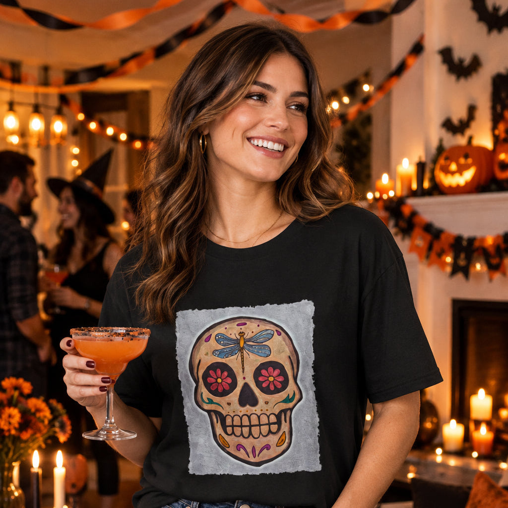 Woman wearing Sugar Skull shirt with dragonfly on it's head holding cocktail at a halloween party