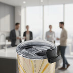 Close up of Sunburst Tumbler and a clear lid with an office kitchen background.  Designed by Bay Area Artist Marife Rosales of MyLittleFe