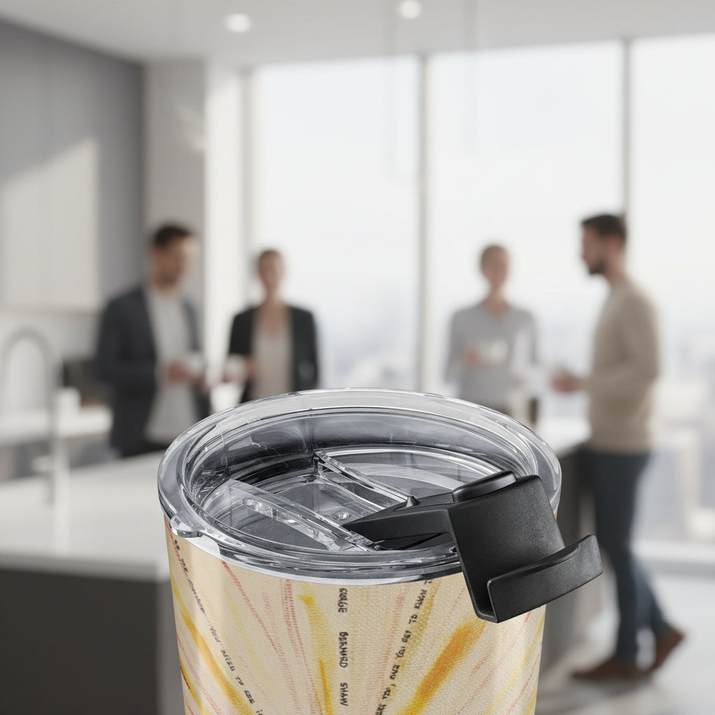 Close up of Sunburst Tumbler and a clear lid with an office kitchen background.  Designed by Bay Area Artist Marife Rosales of MyLittleFe