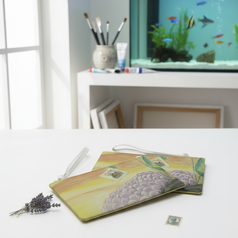 2 clutch bags with ocean floor and sunfish stamp design on a table in an art studio with an aquarium on the background