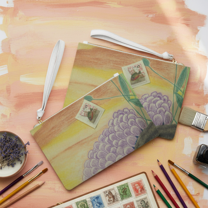 2 Clutch bags on an art studio with pencils and a stamp collection book next to it.