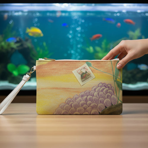 Clutch bag with ocean floor and a sunfish stamp design with a woman's hand grabbing it and an aquarium on the background