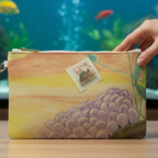A rectangular zip pouch with a pastel sunset and purple flower illustration, held by a hand in front of a blurred fish tank background.