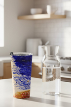 Tumbler with artistic design on a kitchen counter next to a clear glass carafe.