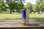 Tumbler with half blue clouds and half sun rays on top a picnic table in a part