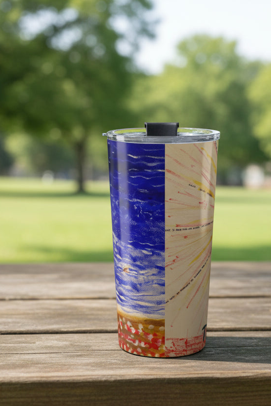 Colorful tumbler on a wooden surface with a blurred park background