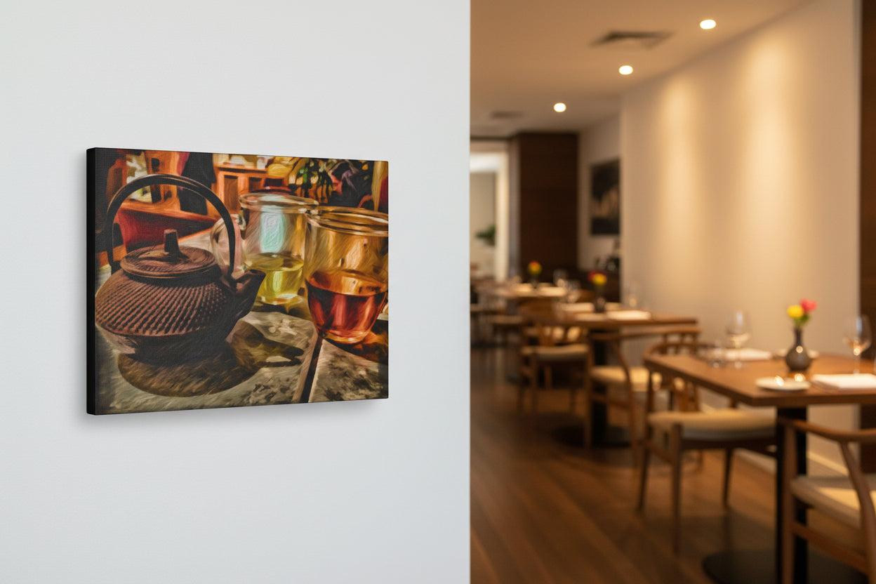 Teapot and two glasses of tea on a wooden surface with a blurred background at a restaurant wall