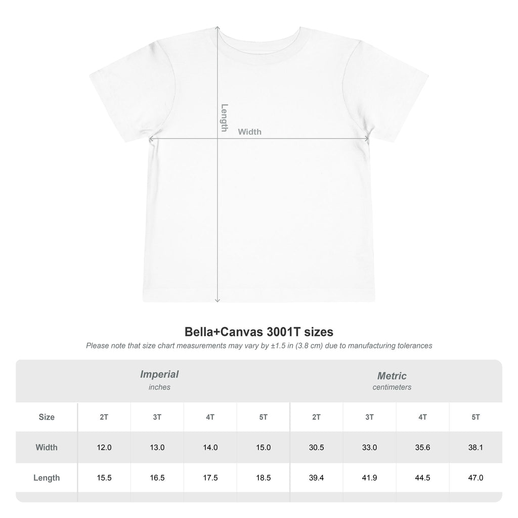 Measurement chart for Bella+Canvas 3001T t-shirt sizes on a white background