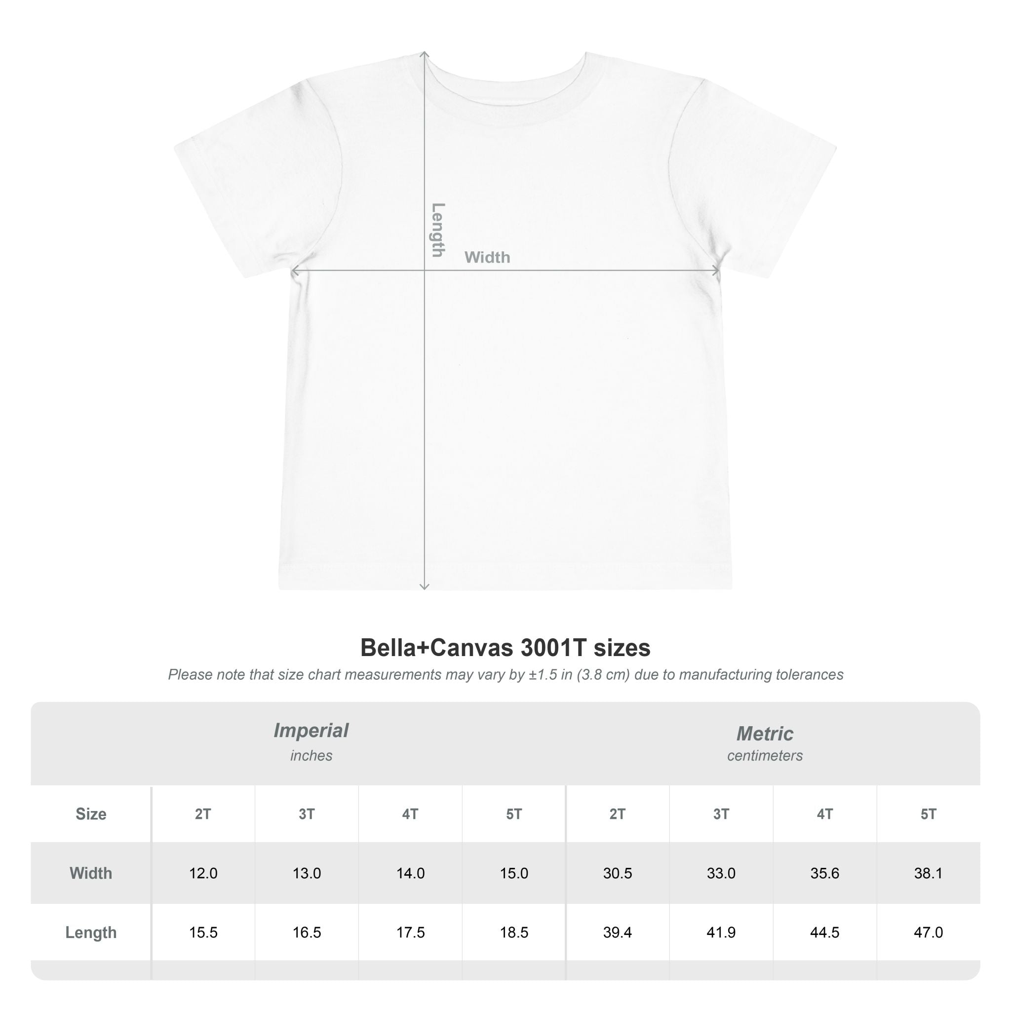 Measurement chart for Bella+Canvas 3001T t-shirt sizes on a white background
