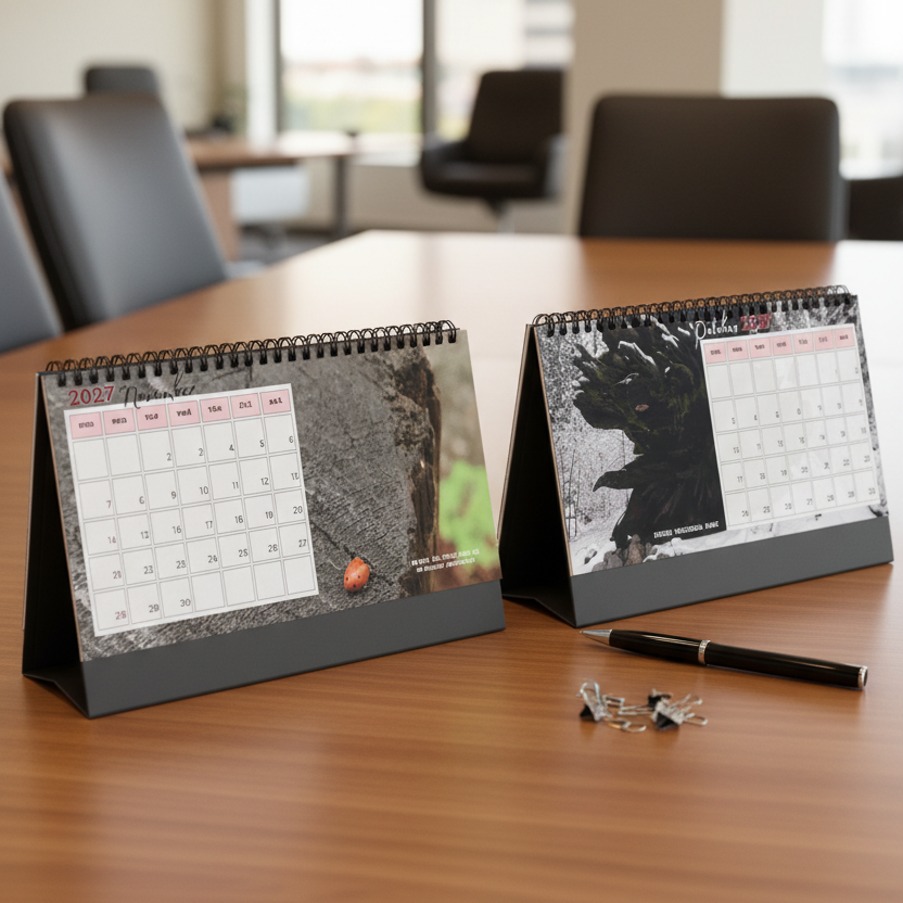 Two spiral-bound desk calendar pages standing on a wooden conference table in a blurred office setting, with a black pen and binder clips in front.