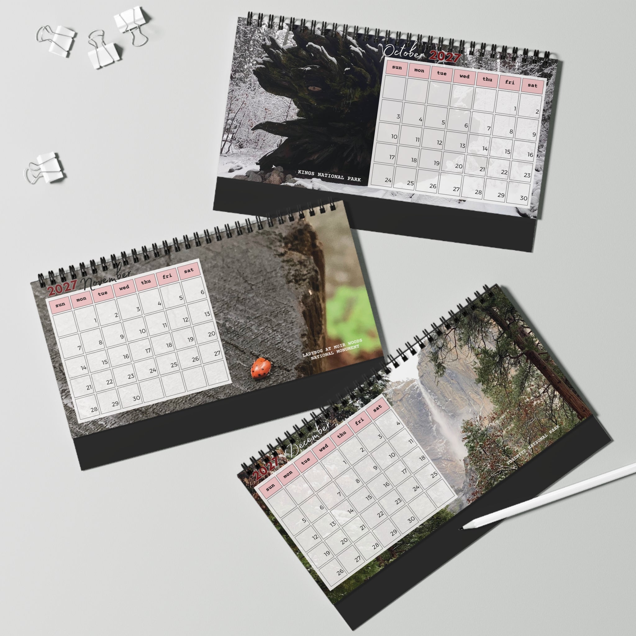 Three spiral-bound desk calendars with nature-themed photographic backgrounds are arranged on a light gray surface with binder clips and a white pen nearby.