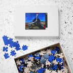 Jigsaw puzzle set with pieces and packaging on a textured surface