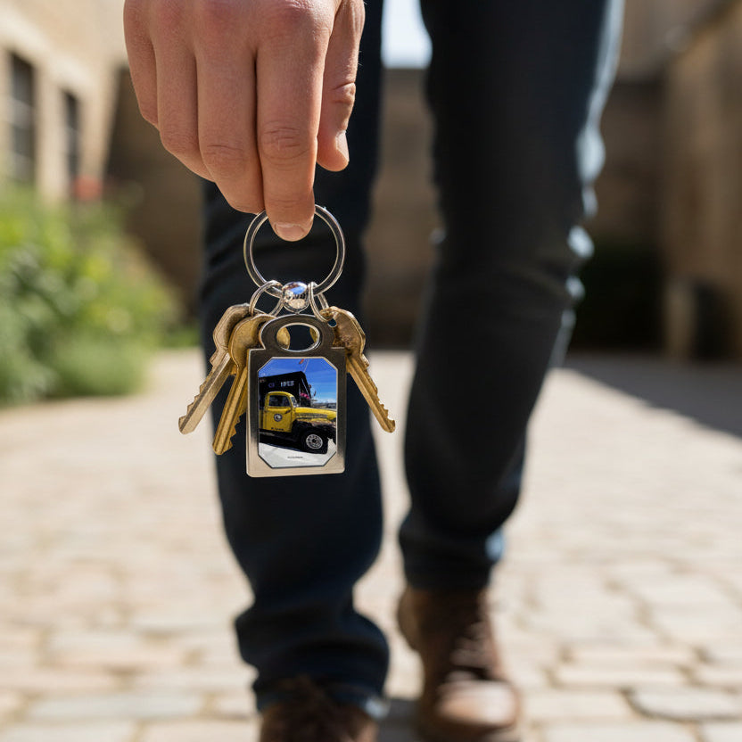 Vintage Truck keychain with keys held by a guy as he is walking