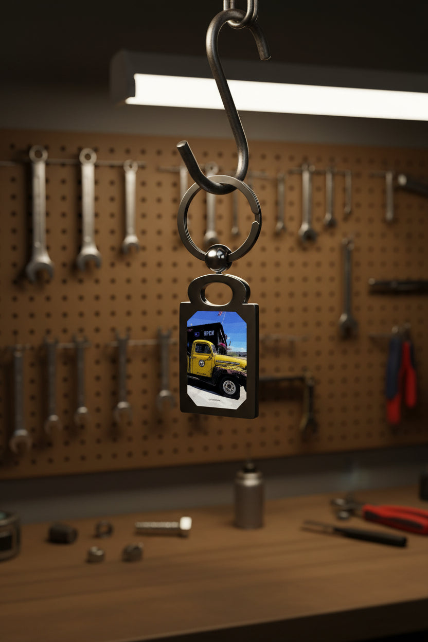 Vintage Truck keychain hung on a hook in a garage work area