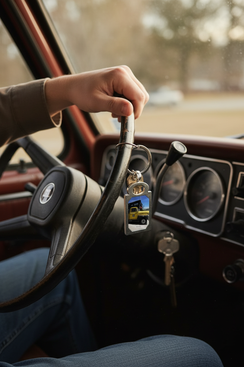 Vintage Truck keychain on a steering wheel