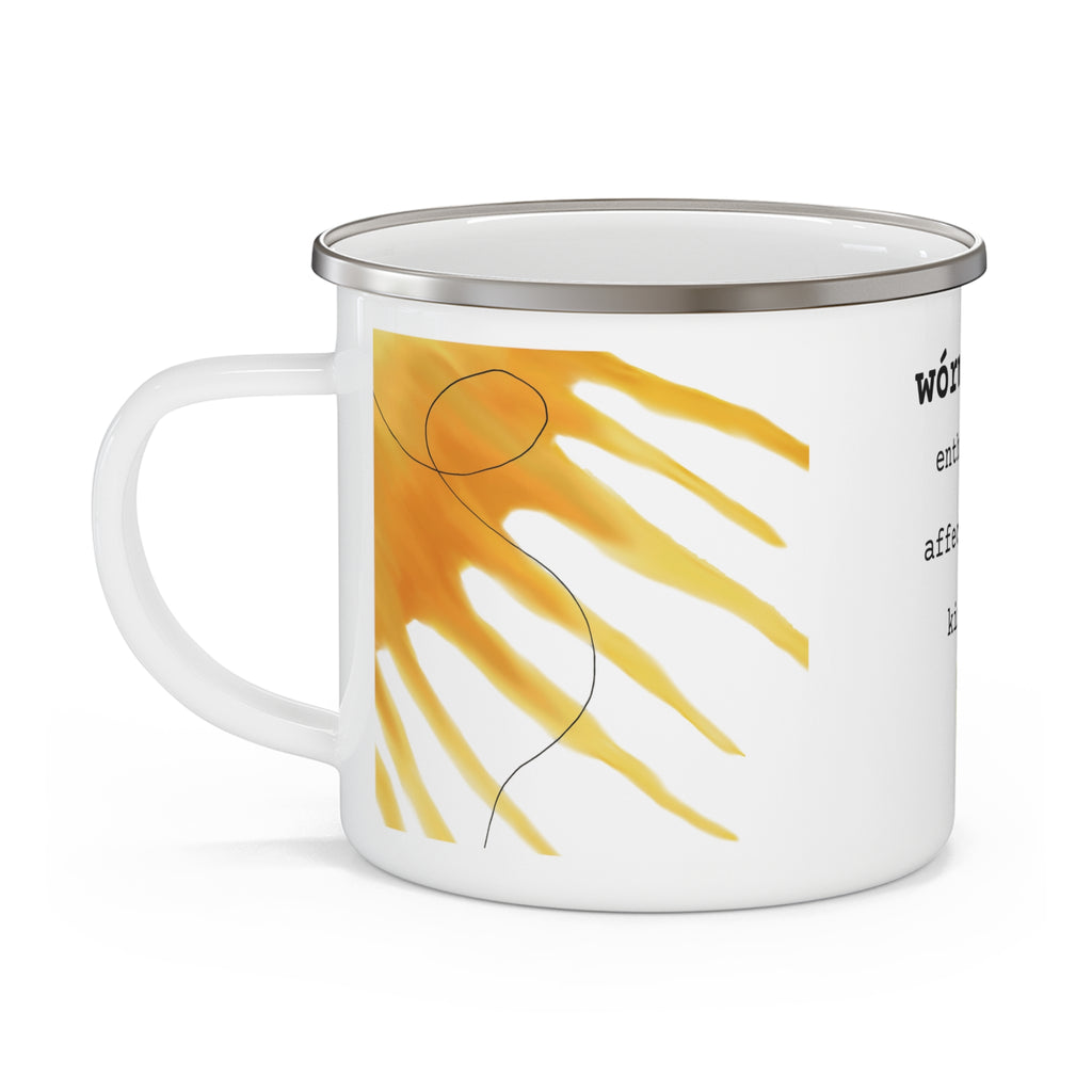 White mug with yellow abstract design and text on a white background