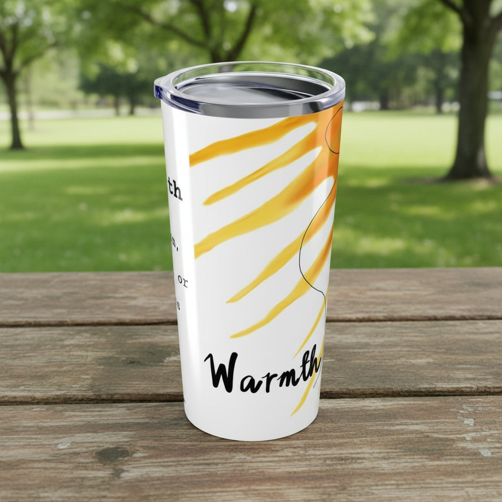 Tumbler with sun design and 'warmth' text on a park picnic table