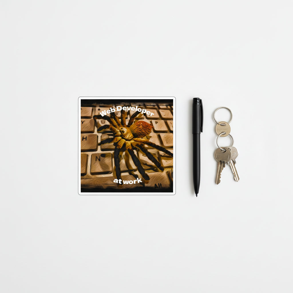 Spider on a keyboard with text 'Web Developer at work' Sticker with a pen and keys next to it.