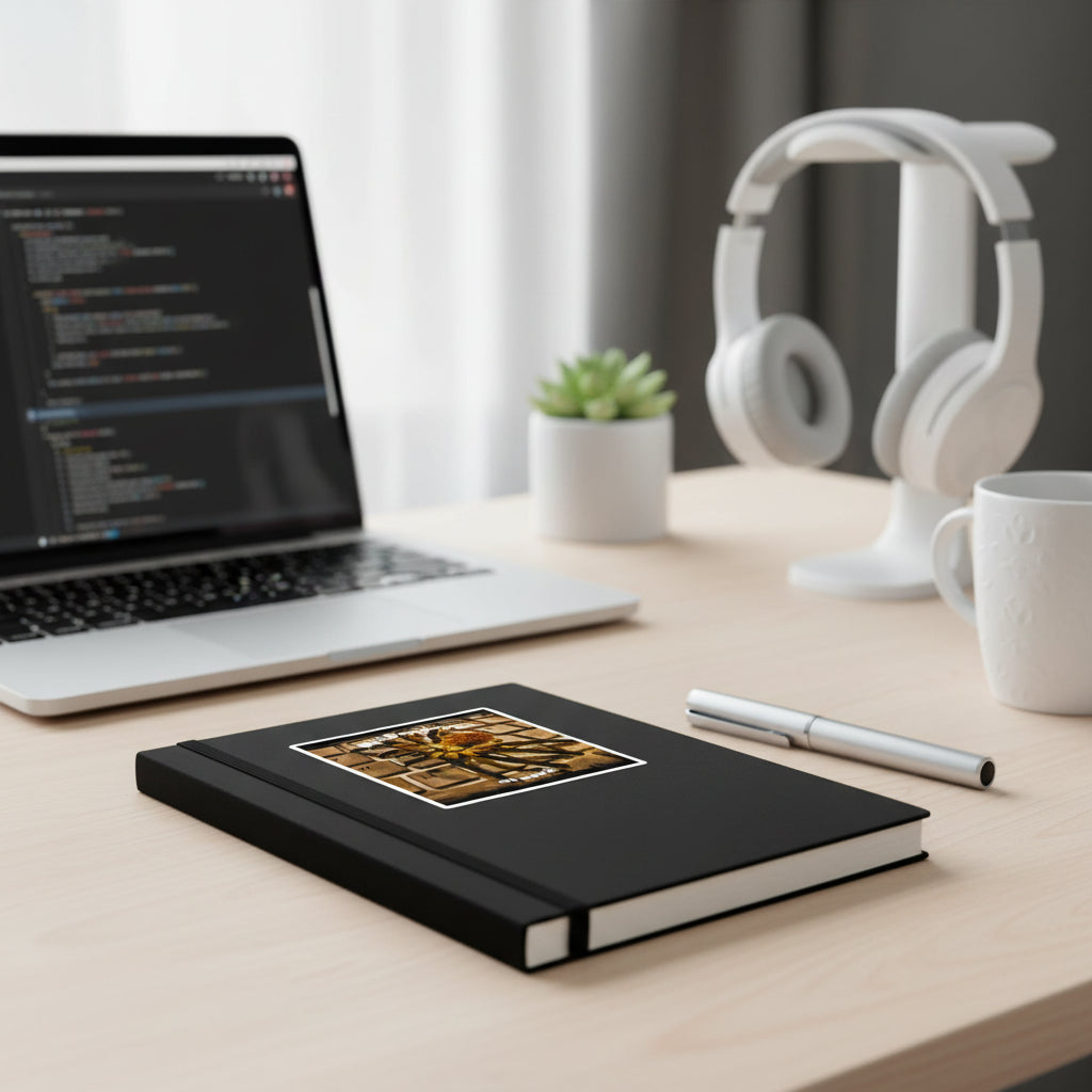 Spider on a keyboard with text 'Web Developer at work' on a black notebook on stop of a work desk with pen, laptop, headset, succulent plant and coffee mug