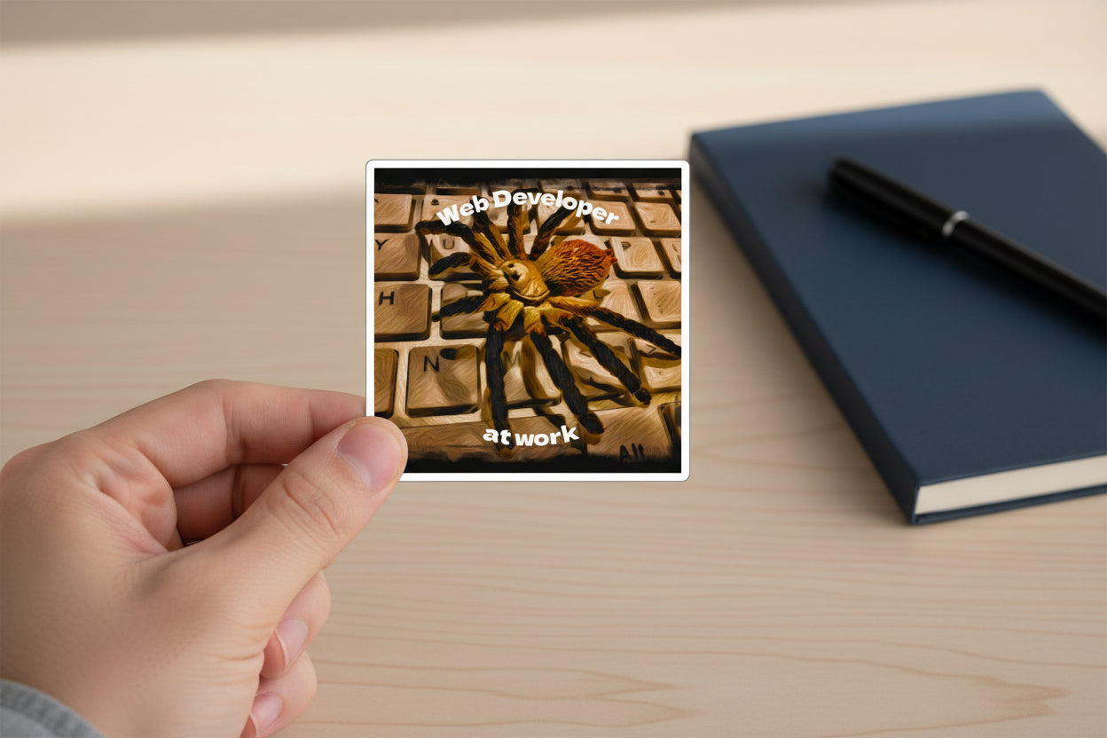 Hand holding a sticker with Spider on a keyboard with text 'Web Developer at work' design by a desk with a notebook and pen
