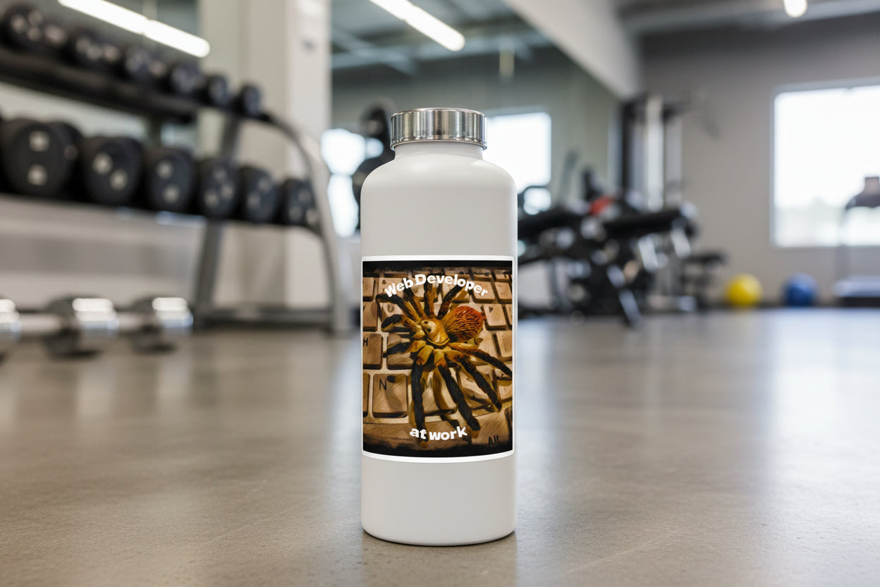 Spider on a keyboard with text 'Web Developer at work' on a waterbottle at a gym setting