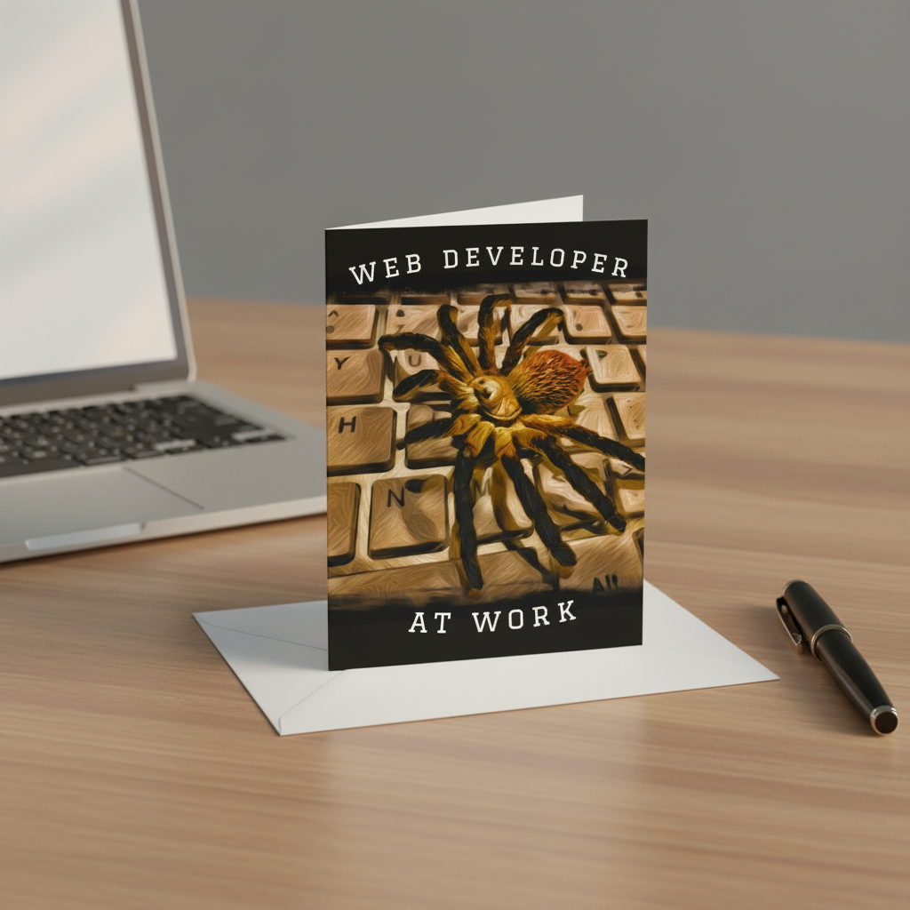 A stylized poster-like graphic with the words “WEB DEVELOPER” at the top and “AT WORK” at the bottom, featuring a large spider resting on a beige computer keyboard.