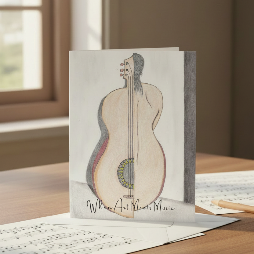 A stylized drawing of an acoustic guitar with a human figure merged into its body, rendered in soft beige, gray, black, and muted red tones on a white background. Handwritten text at the bottom reads 'When Art Meets Music.