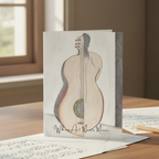 A stylized drawing of an acoustic guitar with a human figure merged into its body, rendered in soft beige, gray, black, and muted red tones on a white background. Handwritten text at the bottom reads 'When Art Meets Music.