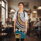 A woman modeling a  kitchen apron with a colorful print featuring woman's hat at a cafe, and a teapot illustration. The apron has placeholder text on the chest that reads 'Personalize here or say no text'.