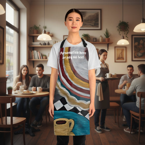 A woman modeling a  kitchen apron with a colorful print featuring woman's hat at a cafe, and a teapot illustration. The apron has placeholder text on the chest that reads 'Personalize here or say no text'.