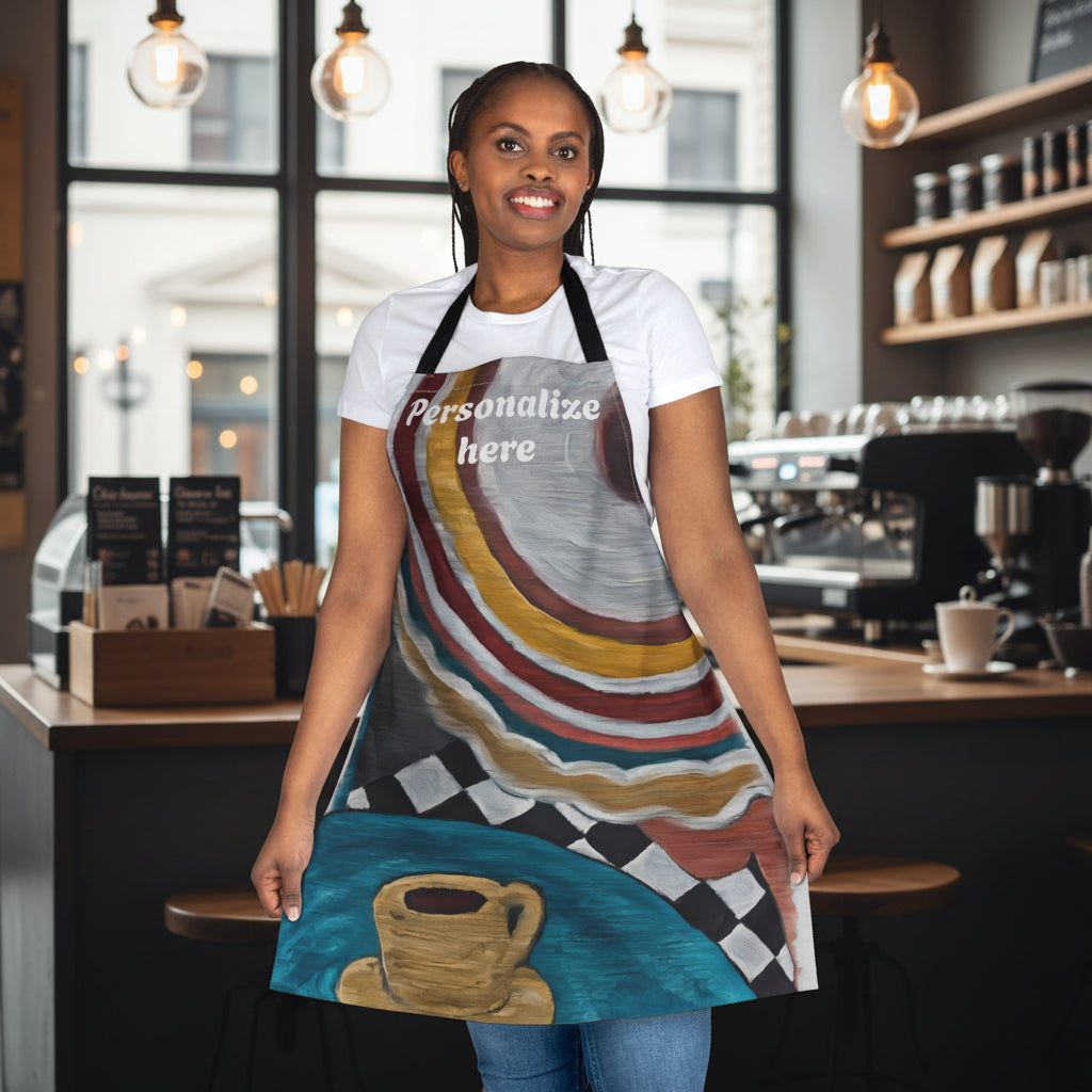 Woman wearing a colorful apron with a coffee cup design in a cafe