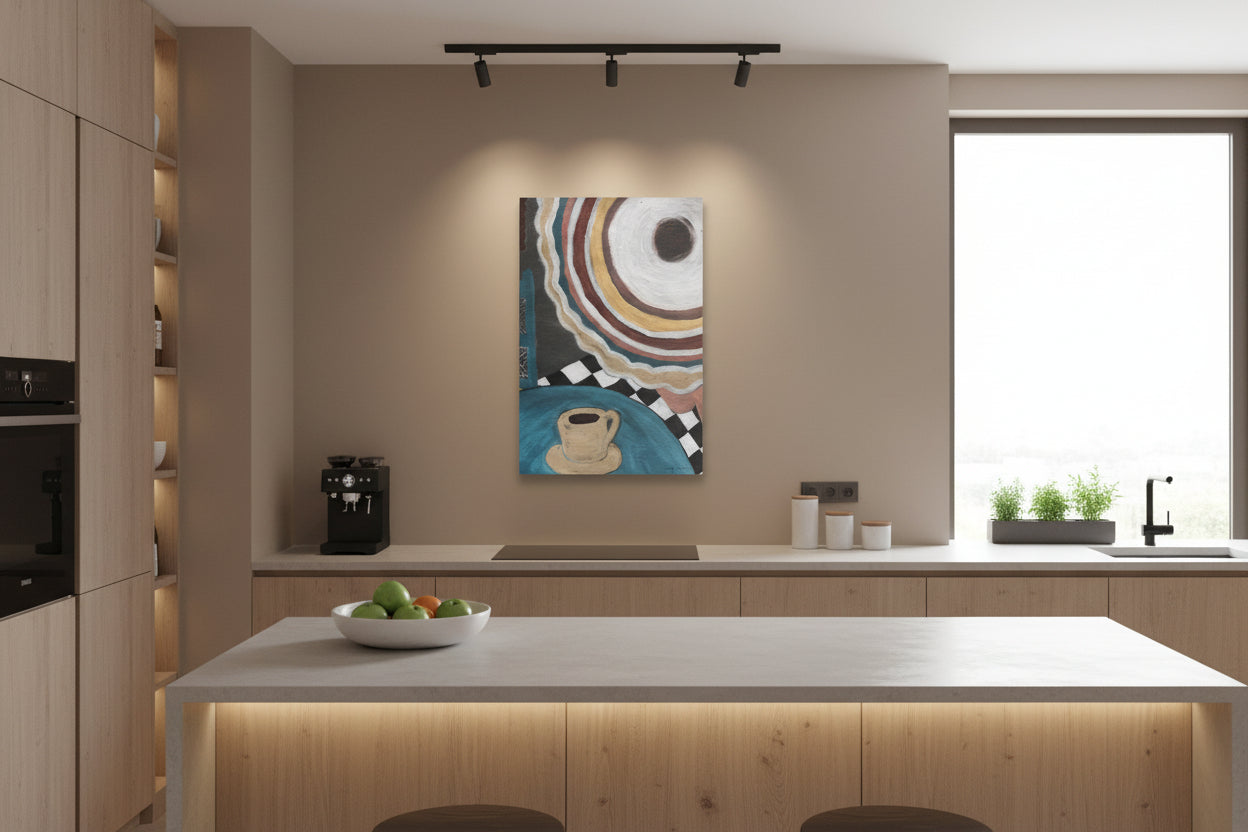 A modern kitchen interior with a colorful abstract wall art print hanging above a light wood countertop. The artwork features concentric circular patterns in blue, beige, brown, black, and white with a coffee cup motif.