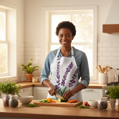 A smiling woman stands in a bright kitchen wearing a white apron with a purple floral pattern over a blue shirt. She is holding a knife on a wooden cutting board with vegetables, surrounded by kitchen items and plants.