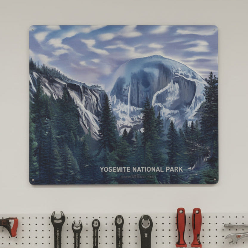 Metal Wall Art of Yosemite National Park in a garage