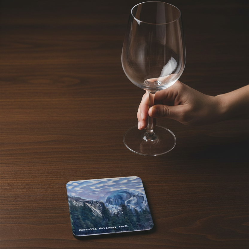 Yosemite Coaster with wine glass on dark dining table and a hand holding a wine glass.  Design created by Marife Rosales of MyLittleFe